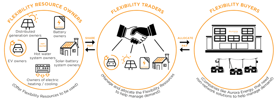 Diagram showing flexibity resource owners  - distributed energy resource owners, battery owners, EV owners, hot water owners, solar battery system owners, electric heating and colling owners. Service providers, and flexibility buyers