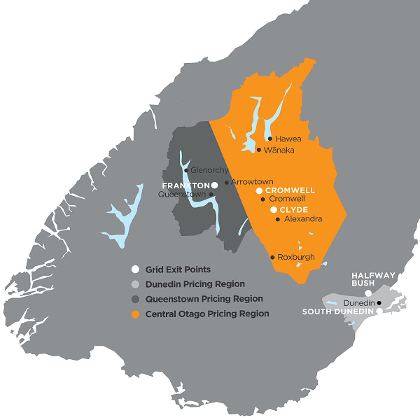 Network map showing the three different pricing regions: Dunedin, Queenstown and Central Otago including grid exit points. Network map showing the three different pricing regions: Dunedin, Queenstown and Central Otago including grid exit points.