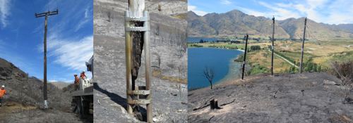 Photos from left to right show: Delta contractors inspecting the damage, a pole damaged by the fire, and athree-pole structure that needed to be replaced at the top of the hill above Emerald Bay