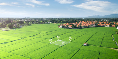 Photo of green pastures in the foreground with one square area marked out with white dotted lines around it. In the background is a subdivision of homes and trees.
